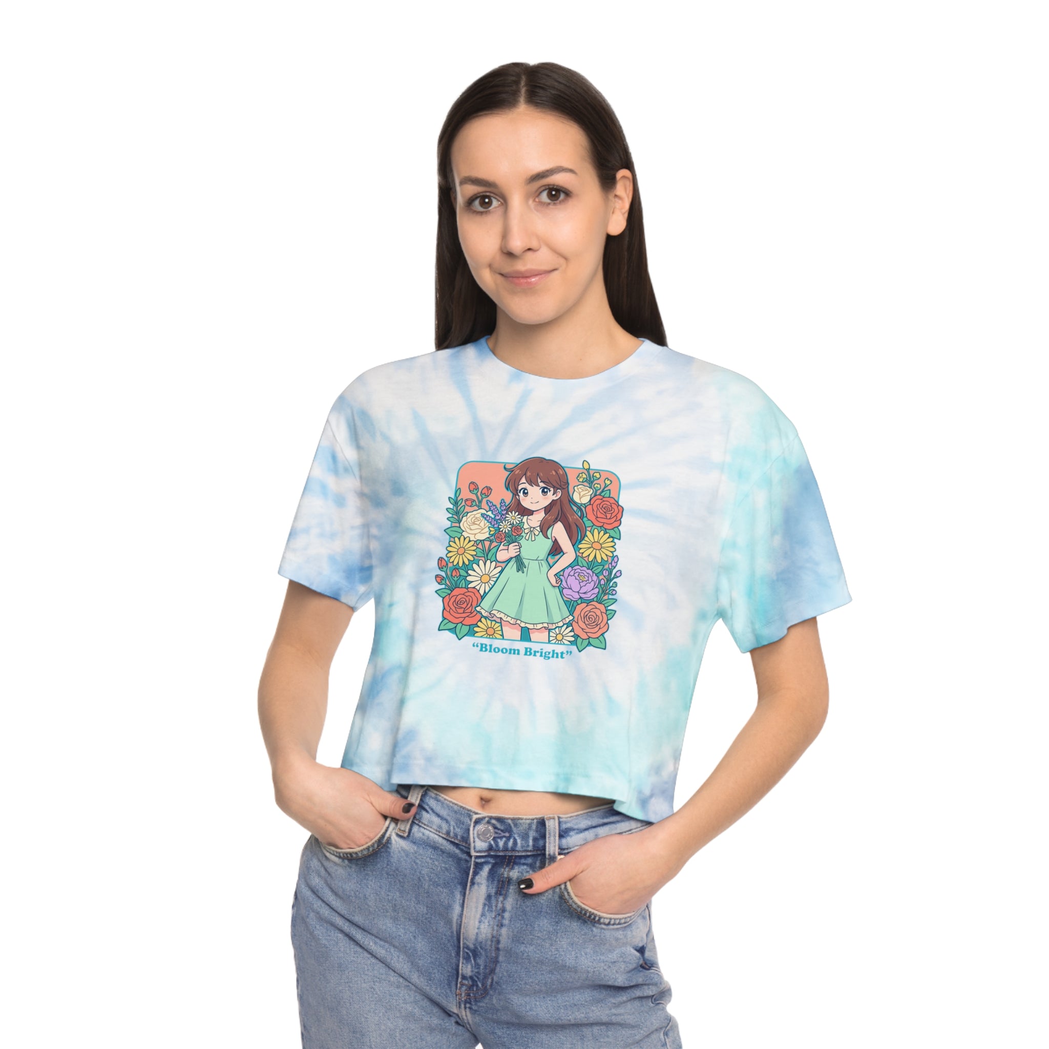 Tie-Dye Crop Tee — “Bloom Bright” Floral Anime Girl Graphic