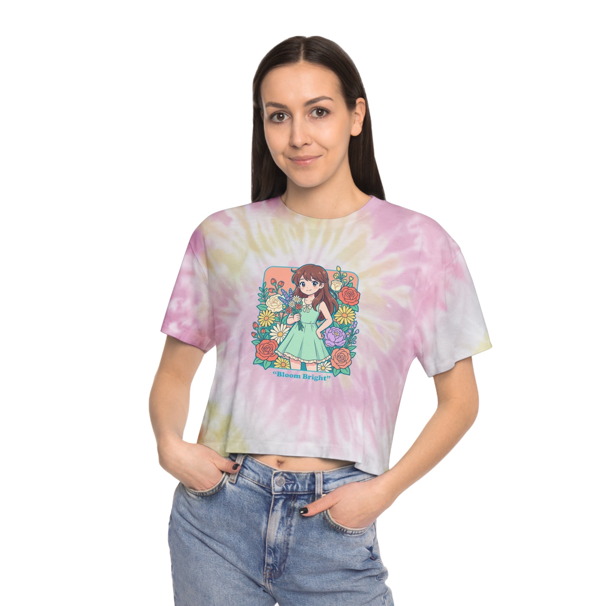 Tie-Dye Crop Tee — “Bloom Bright” Floral Anime Girl Graphic