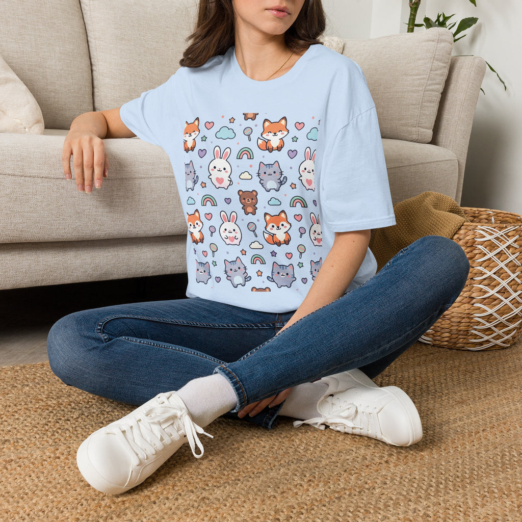 Cute Animal Pattern T-Shirt — Fox, Bunny & Kitten Graphic Tee