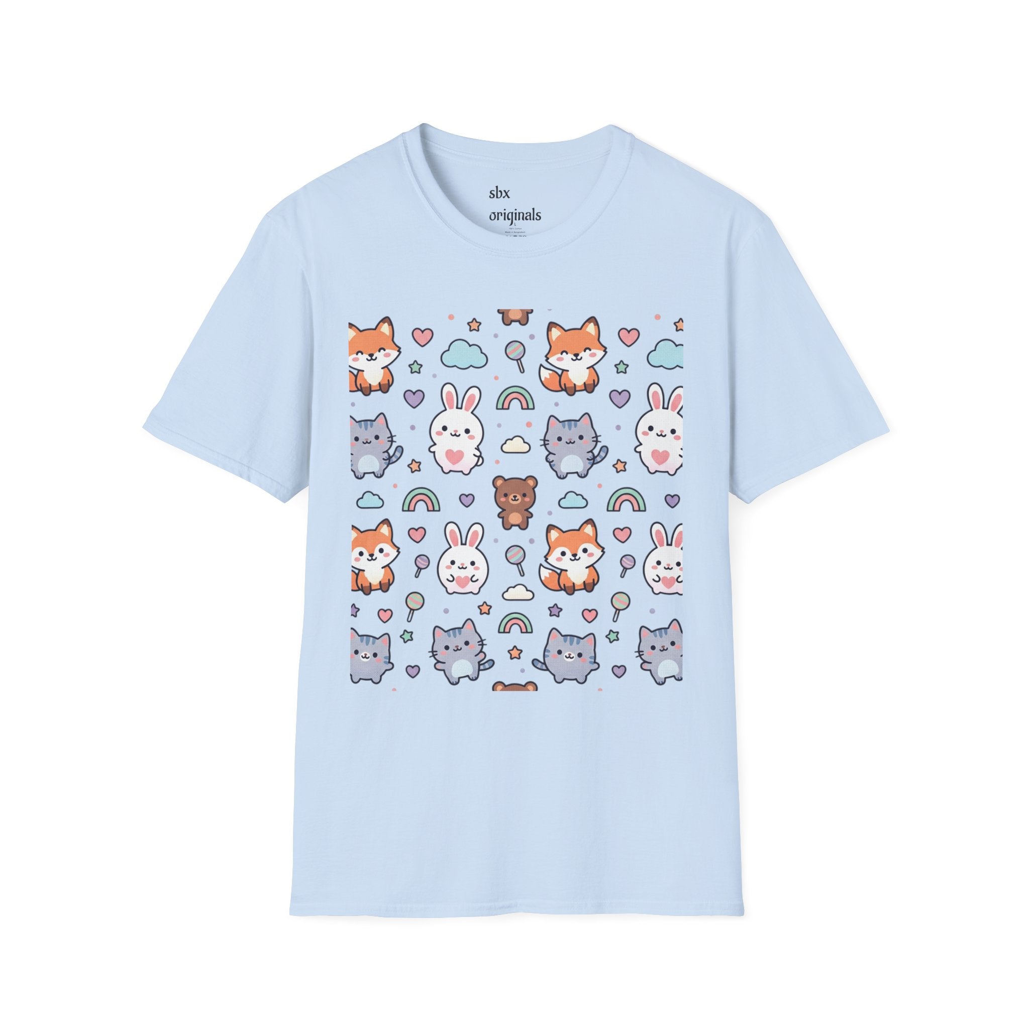 Cute Animal Pattern T-Shirt — Fox, Bunny & Kitten Graphic Tee