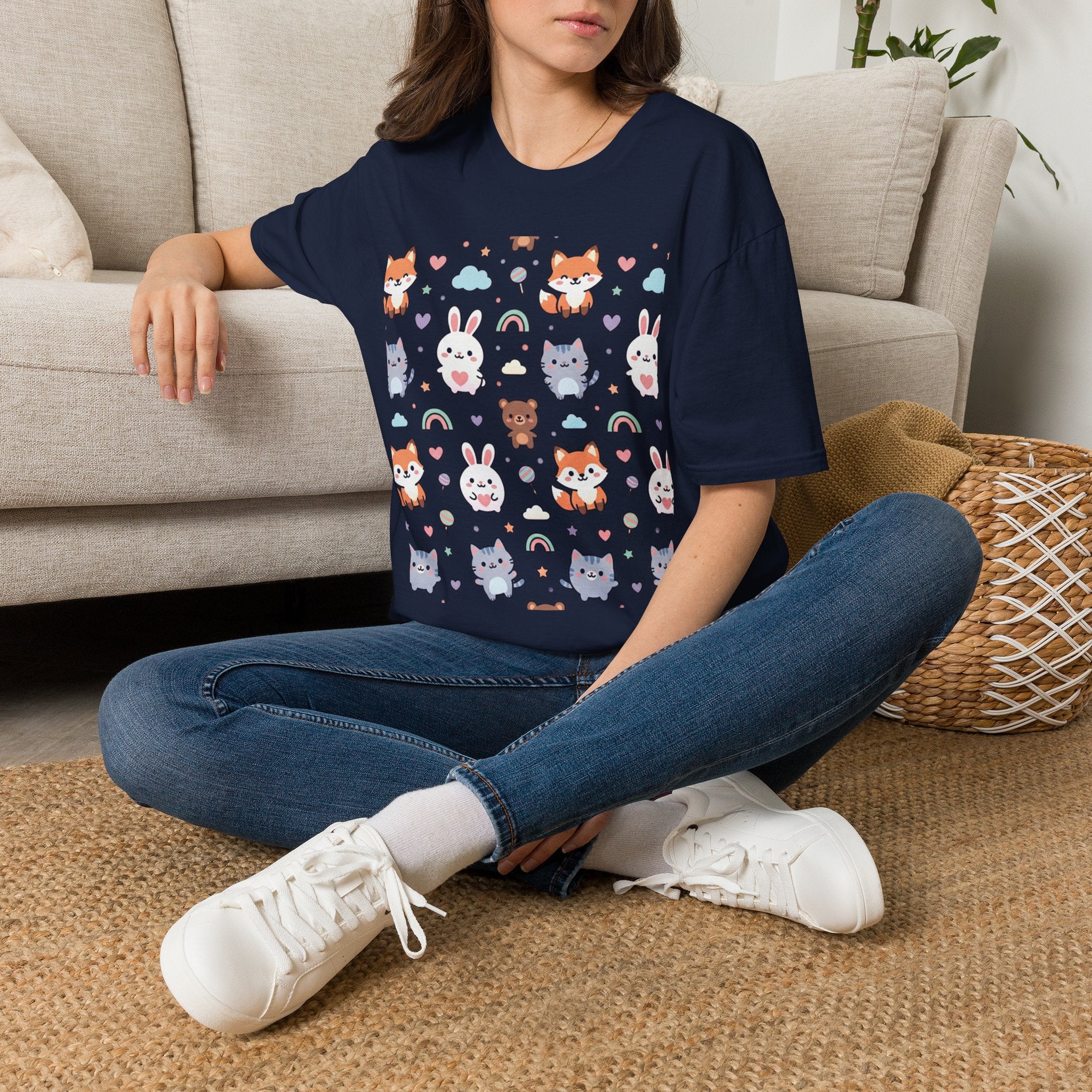Cute Animal Pattern T-Shirt — Fox, Bunny & Kitten Graphic Tee