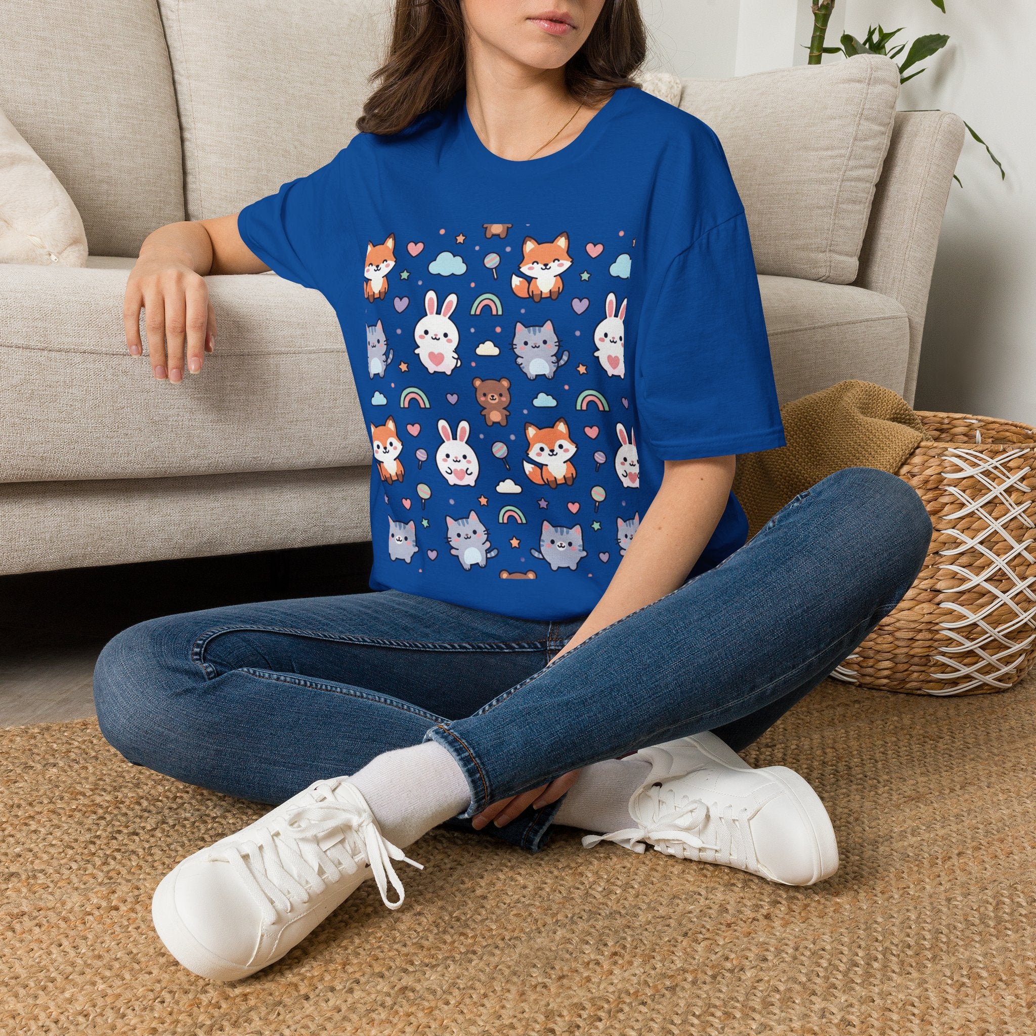 Cute Animal Pattern T-Shirt — Fox, Bunny & Kitten Graphic Tee