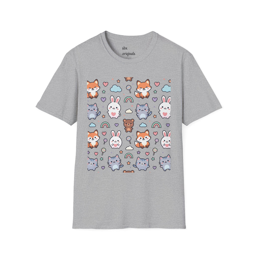 Cute Animal Pattern T-Shirt — Fox, Bunny & Kitten Graphic Tee