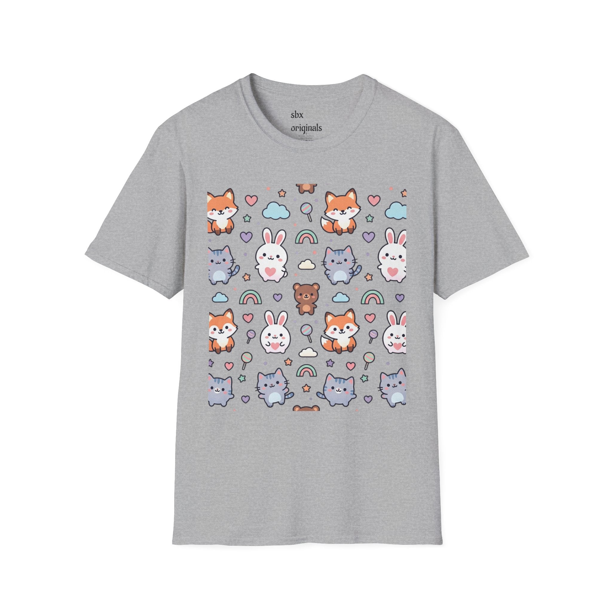 Cute Animal Pattern T-Shirt — Fox, Bunny & Kitten Graphic Tee