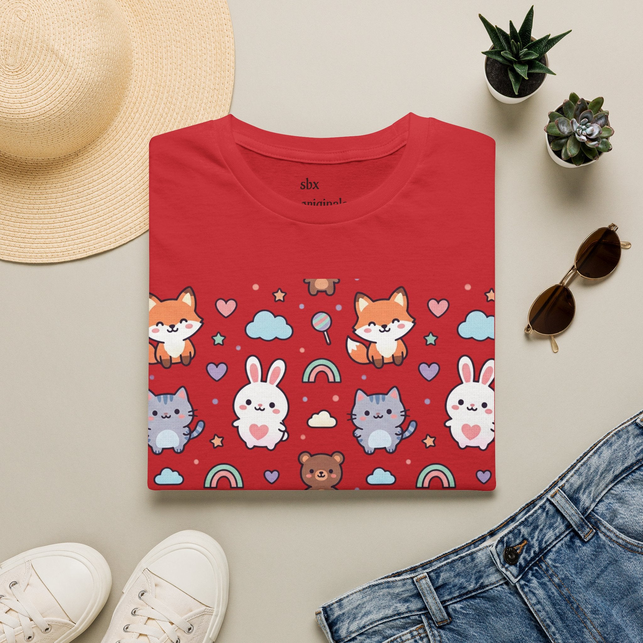Cute Animal Pattern T-Shirt — Fox, Bunny & Kitten Graphic Tee
