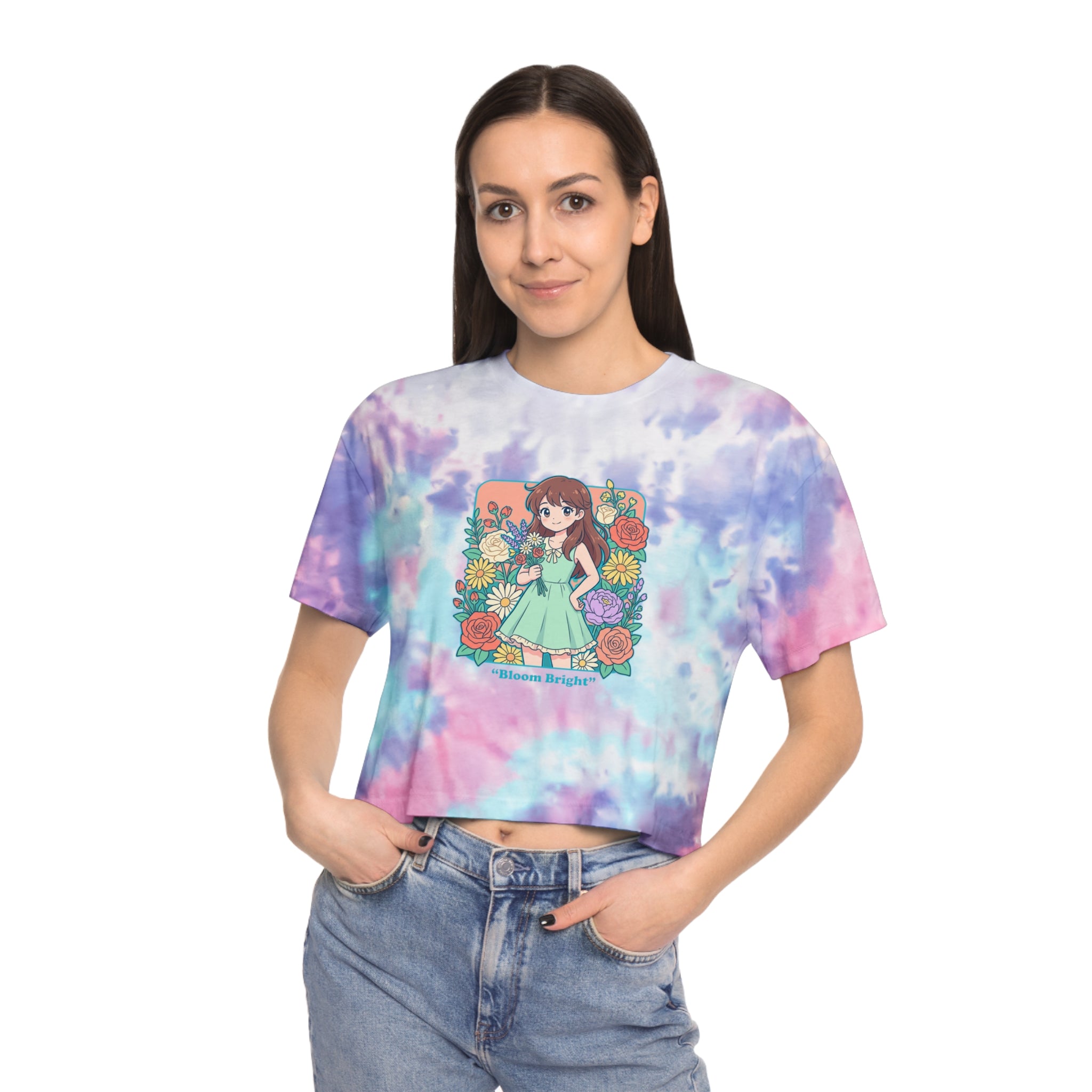 Tie-Dye Crop Tee — “Bloom Bright” Floral Anime Girl Graphic