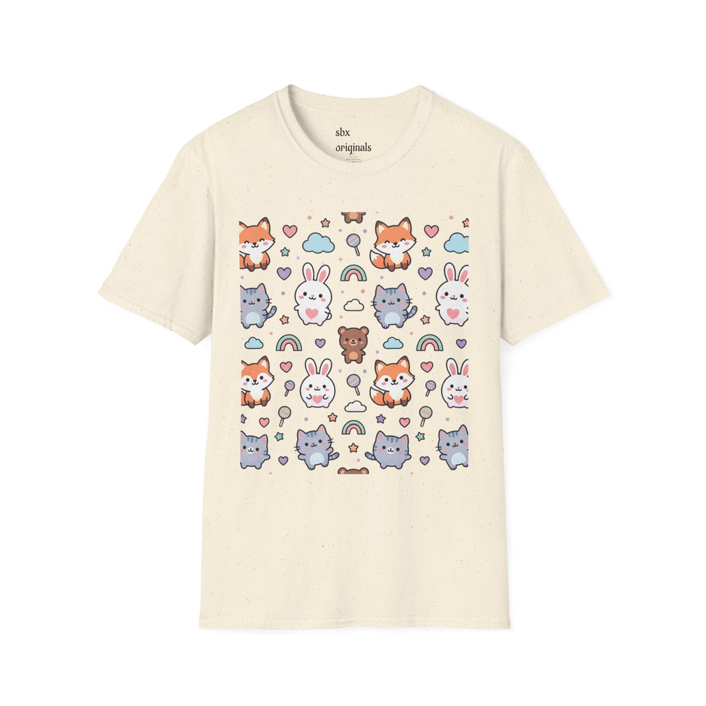 Cute Animal Pattern T-Shirt — Fox, Bunny & Kitten Graphic Tee