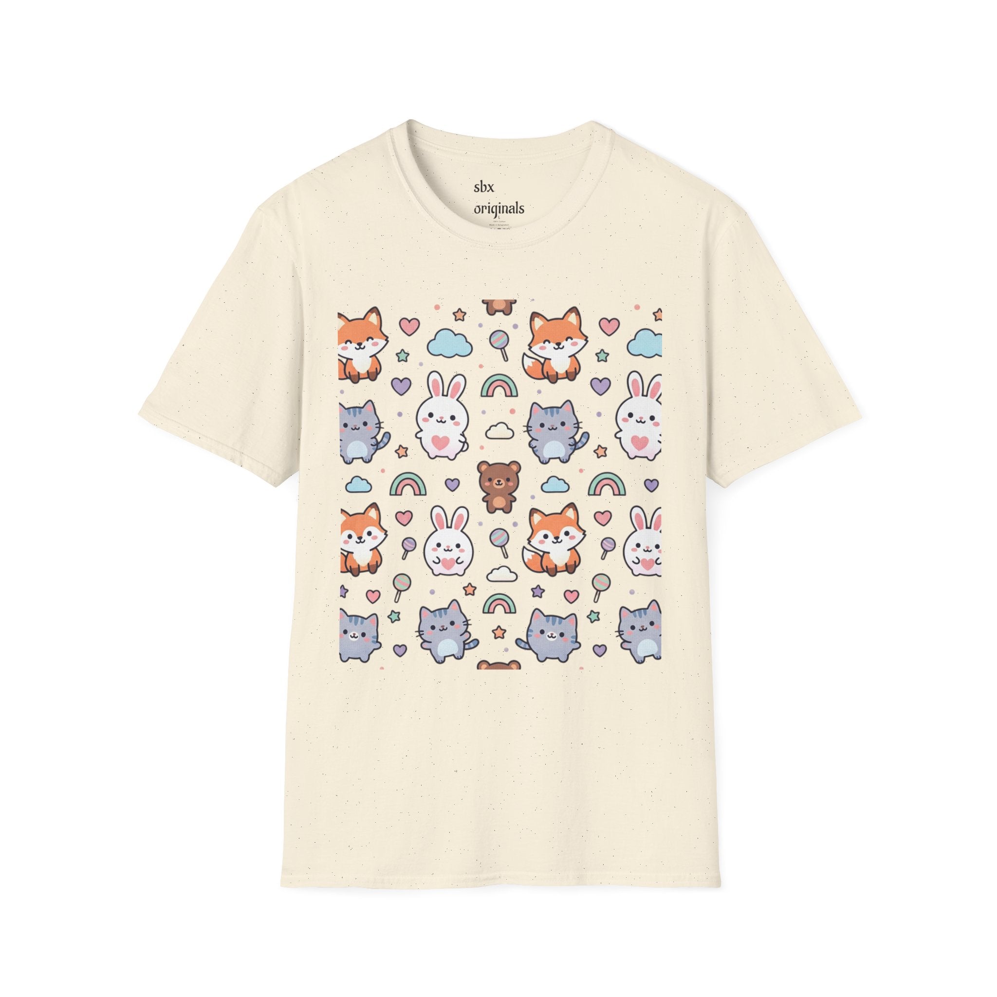 Cute Animal Pattern T-Shirt — Fox, Bunny & Kitten Graphic Tee