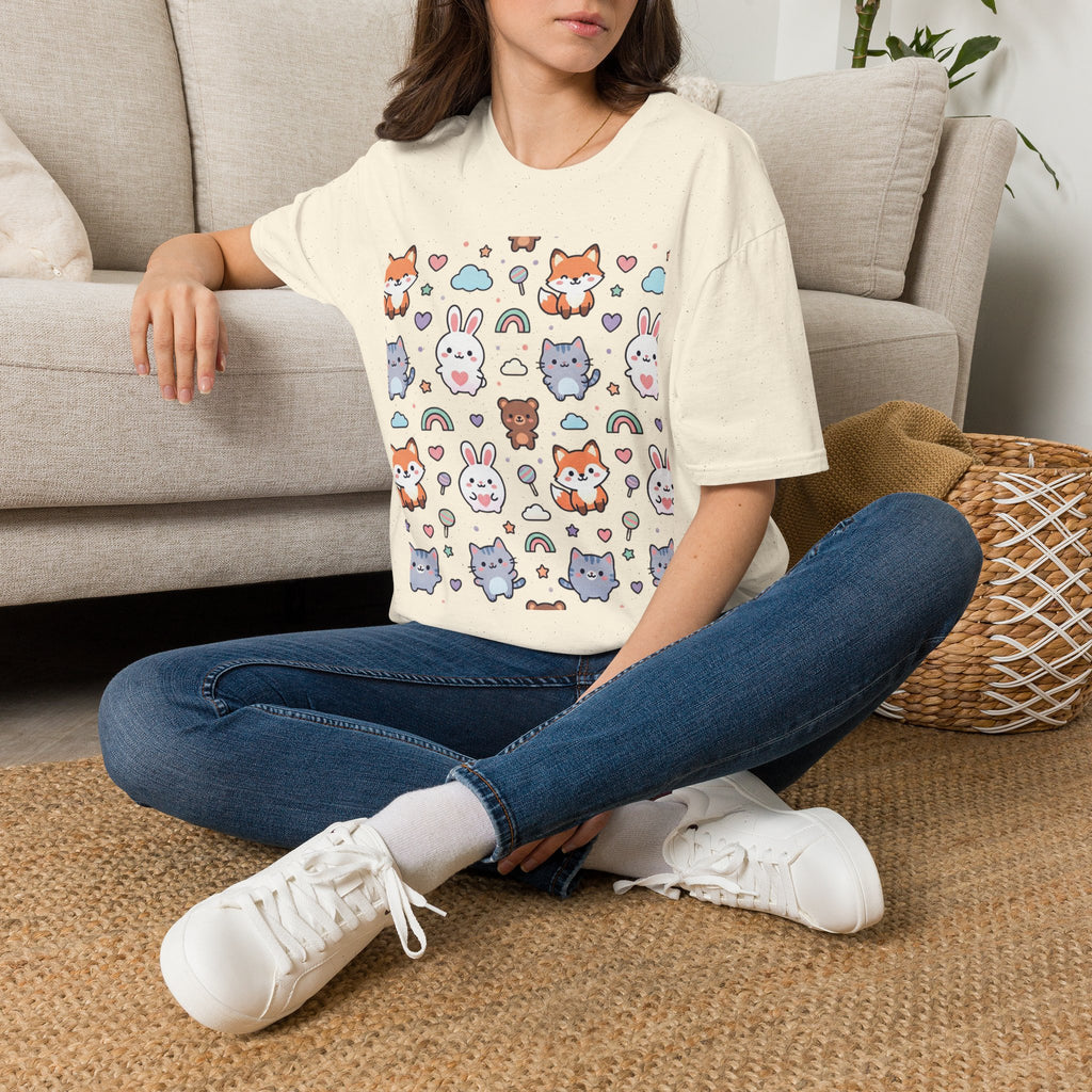 Cute Animal Pattern T-Shirt — Fox, Bunny & Kitten Graphic Tee