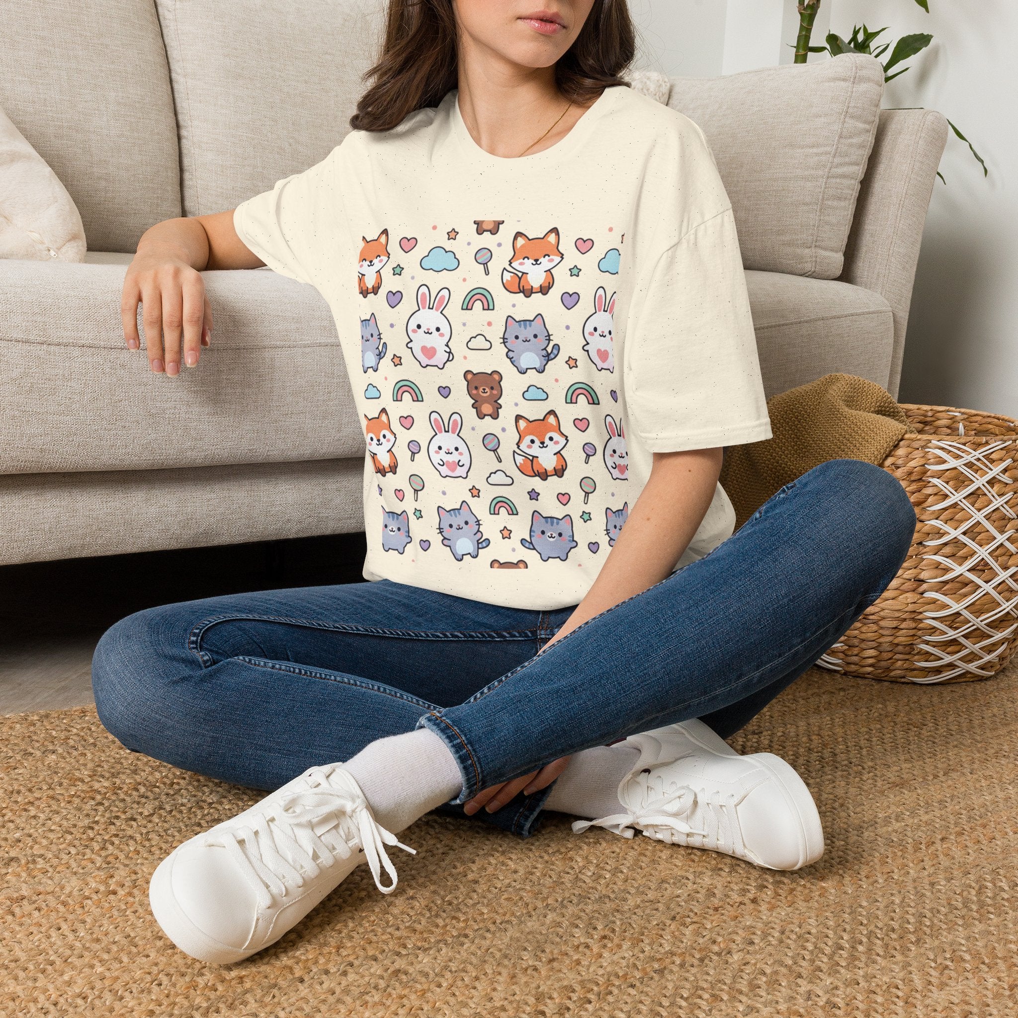 Cute Animal Pattern T-Shirt — Fox, Bunny & Kitten Graphic Tee