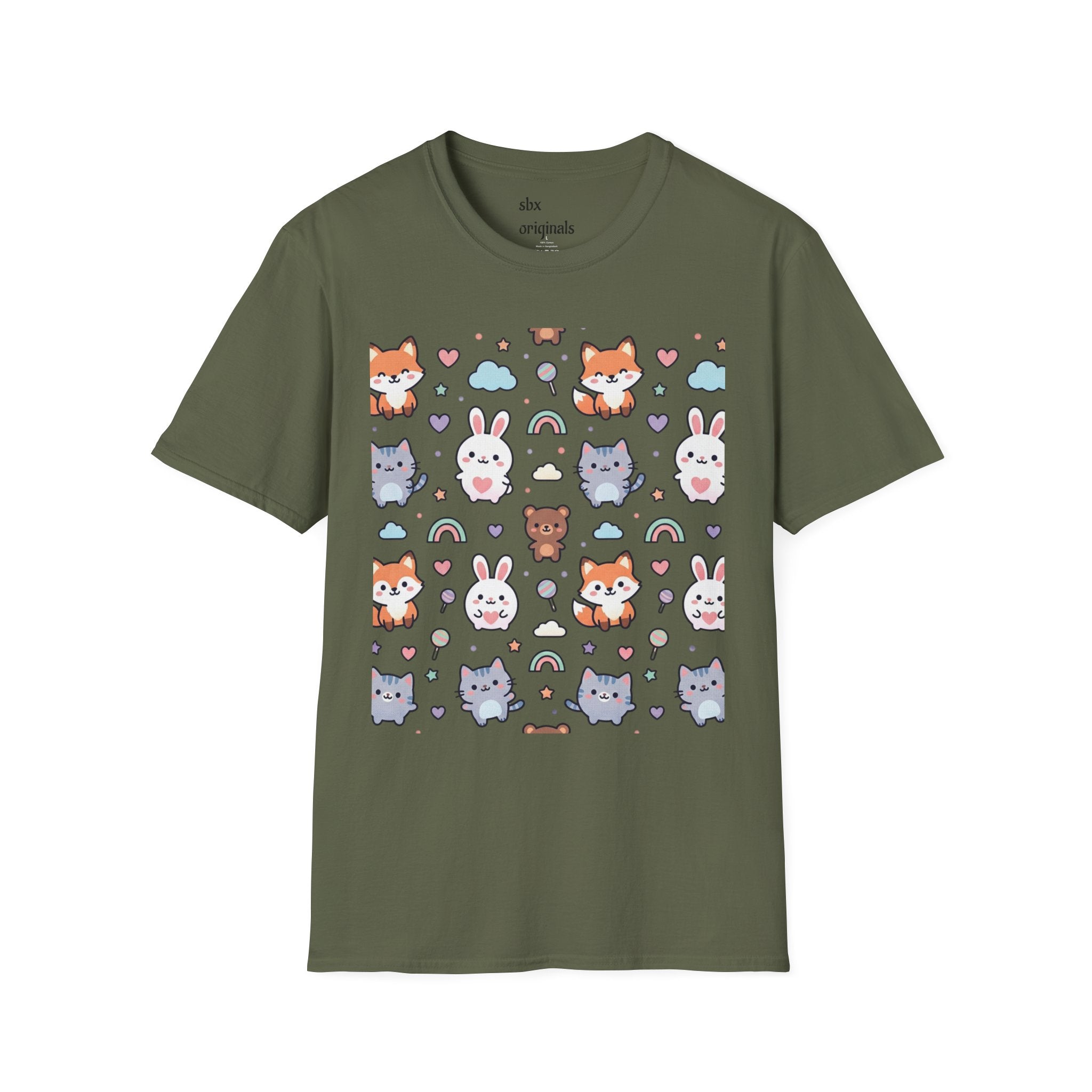 Cute Animal Pattern T-Shirt — Fox, Bunny & Kitten Graphic Tee