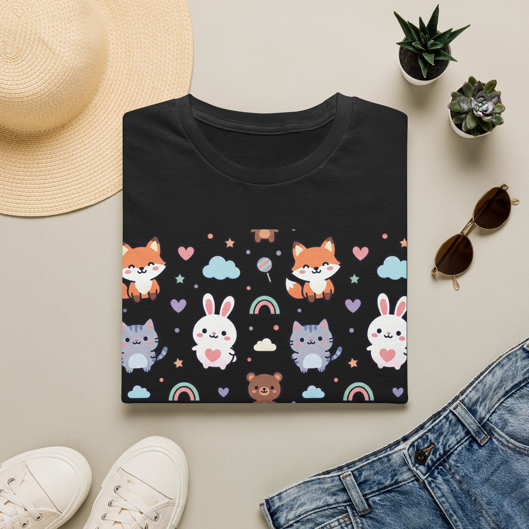 Cute Animal Pattern T-Shirt — Fox, Bunny & Kitten Graphic Tee