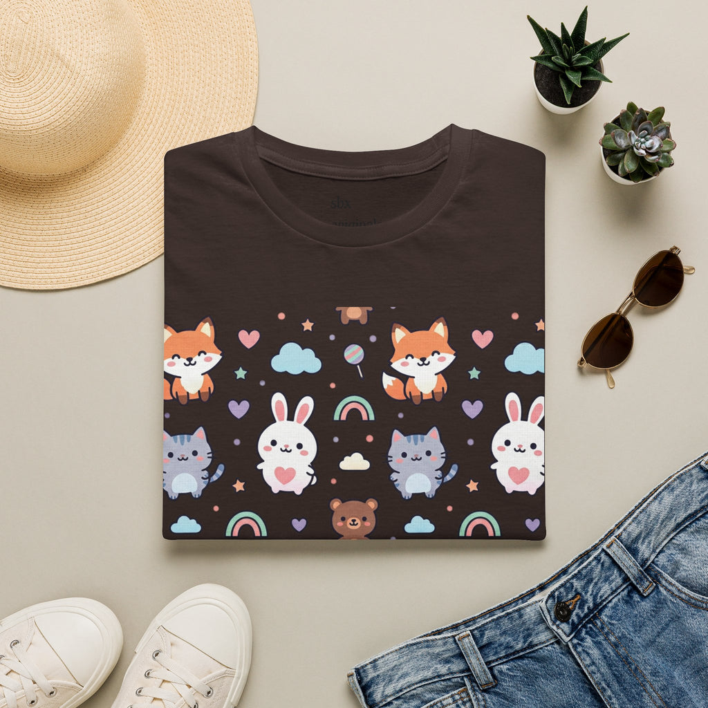 Cute Animal Pattern T-Shirt — Fox, Bunny & Kitten Graphic Tee