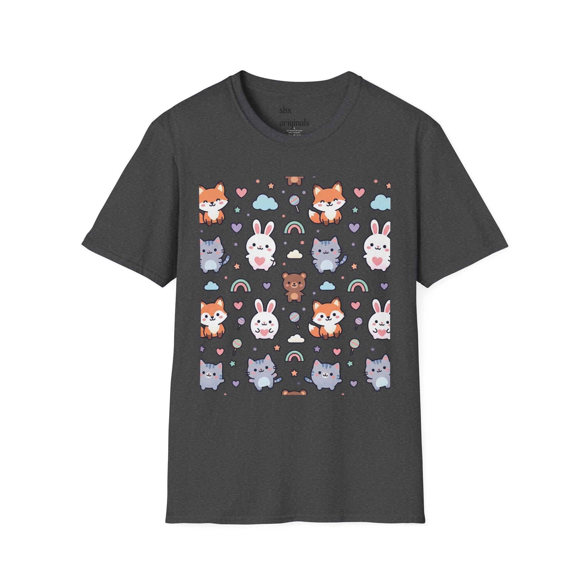 Cute Animal Pattern T-Shirt — Fox, Bunny & Kitten Graphic Tee