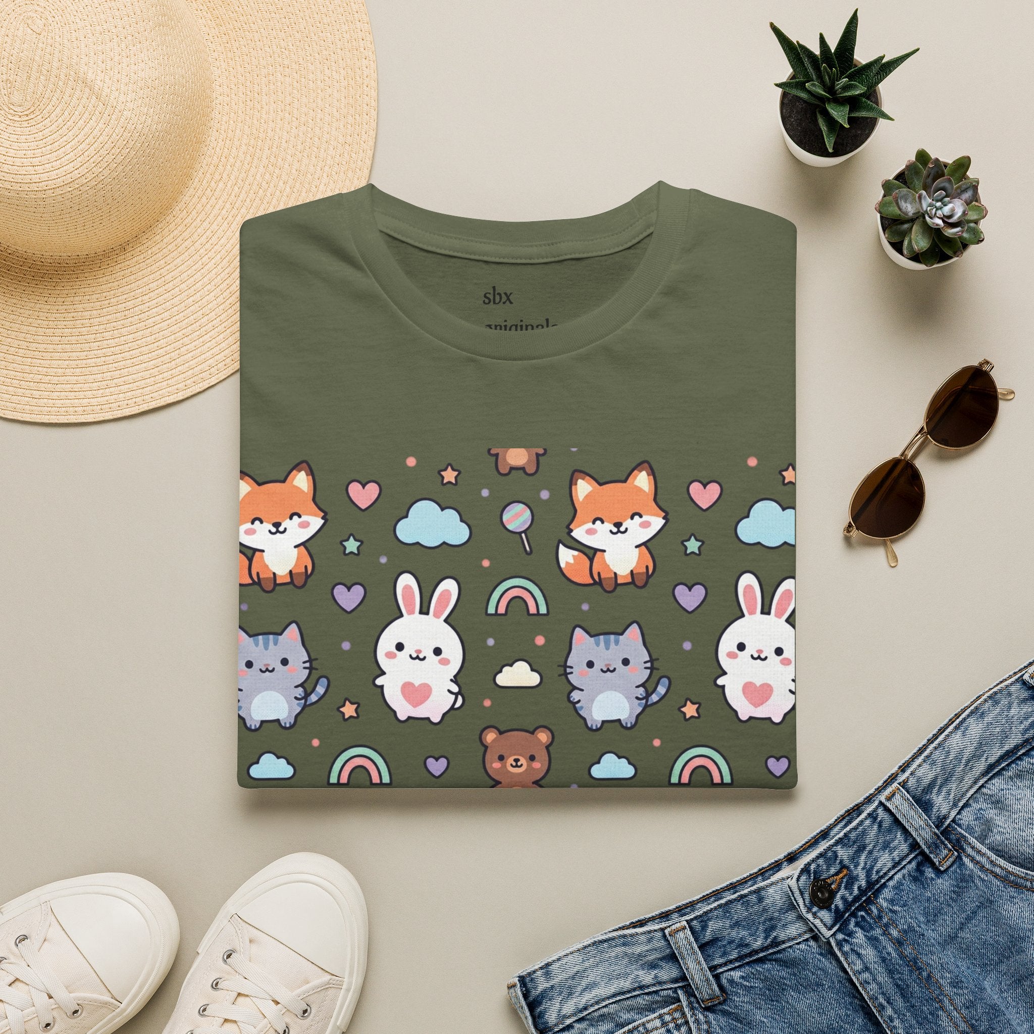 Cute Animal Pattern T-Shirt — Fox, Bunny & Kitten Graphic Tee