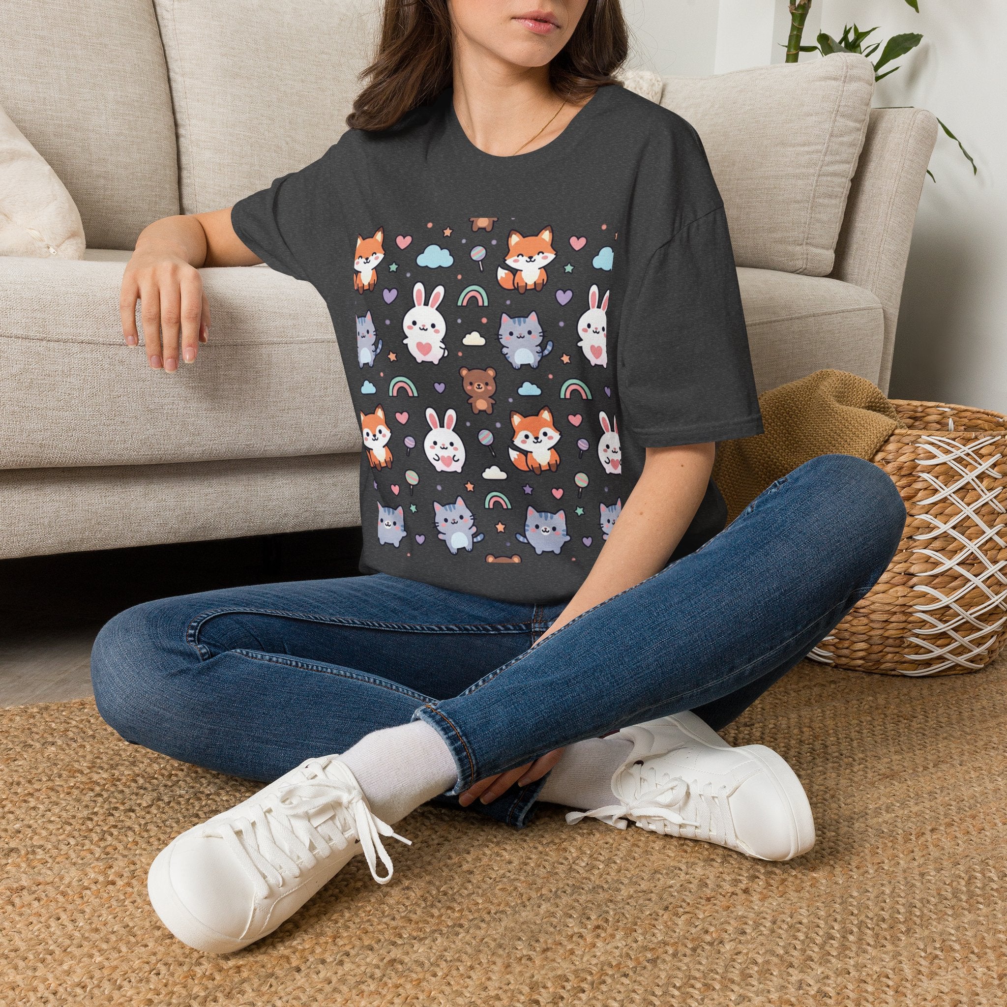Cute Animal Pattern T-Shirt — Fox, Bunny & Kitten Graphic Tee