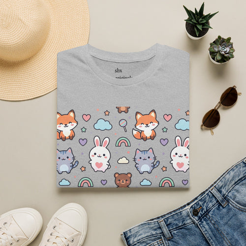 Cute Animal Pattern T-Shirt — Fox, Bunny & Kitten Graphic Tee