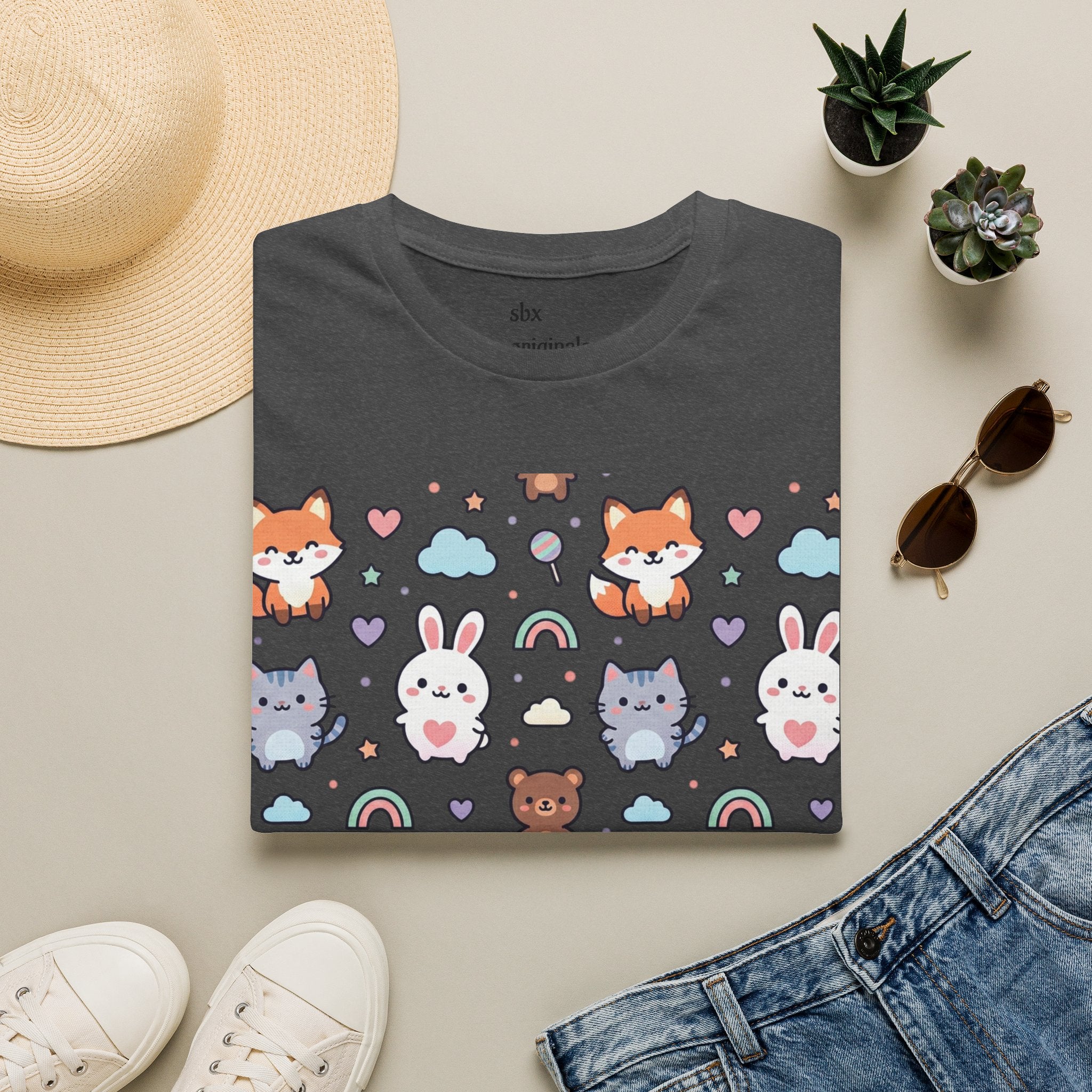 Cute Animal Pattern T-Shirt — Fox, Bunny & Kitten Graphic Tee