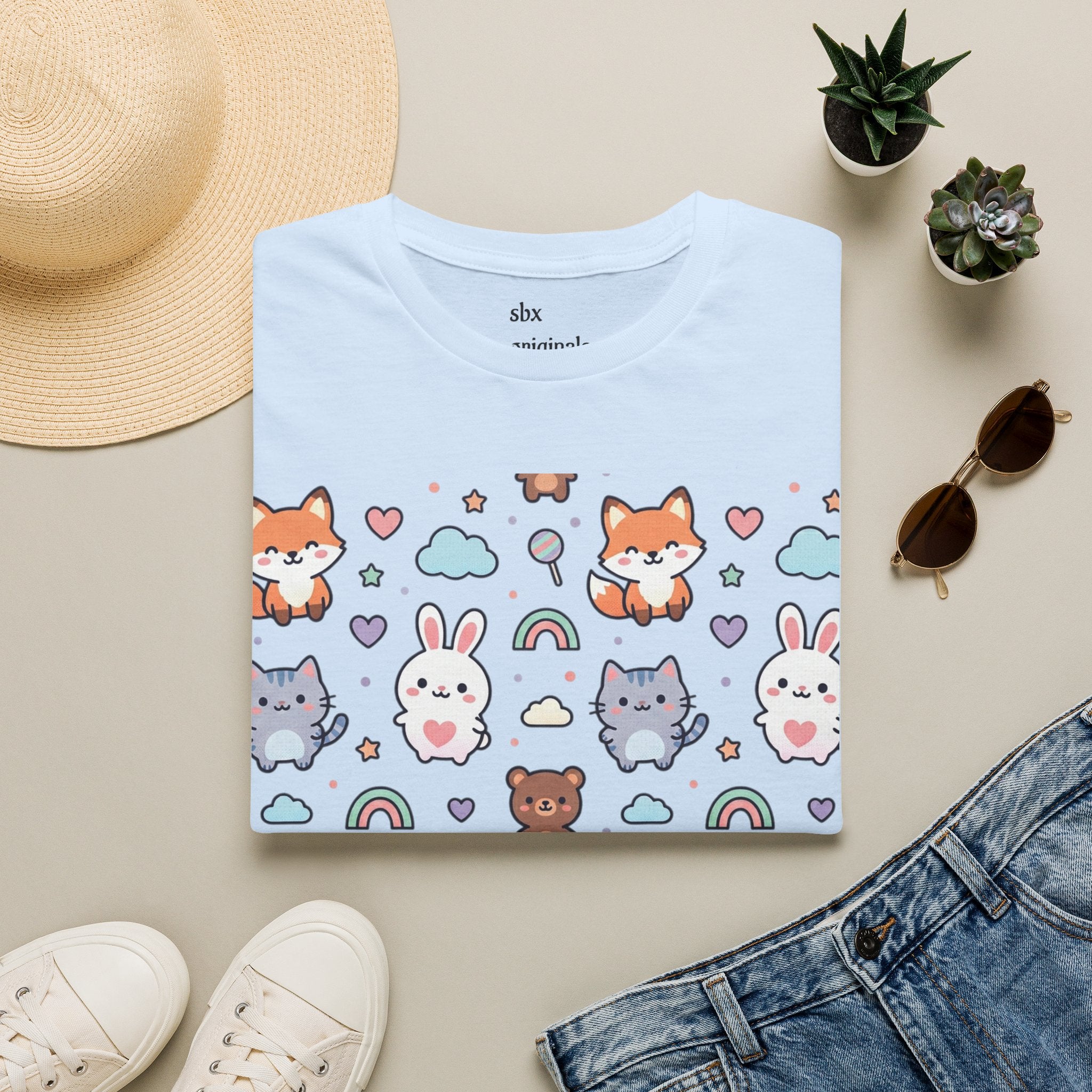 Cute Animal Pattern T-Shirt — Fox, Bunny & Kitten Graphic Tee