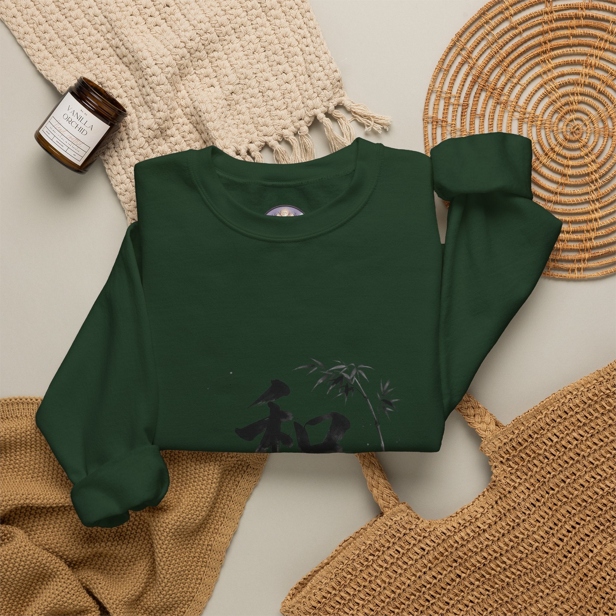 Crewneck Sweatshirt - Japanese Ink Bamboo & Zen Kanji 'Wa' Design