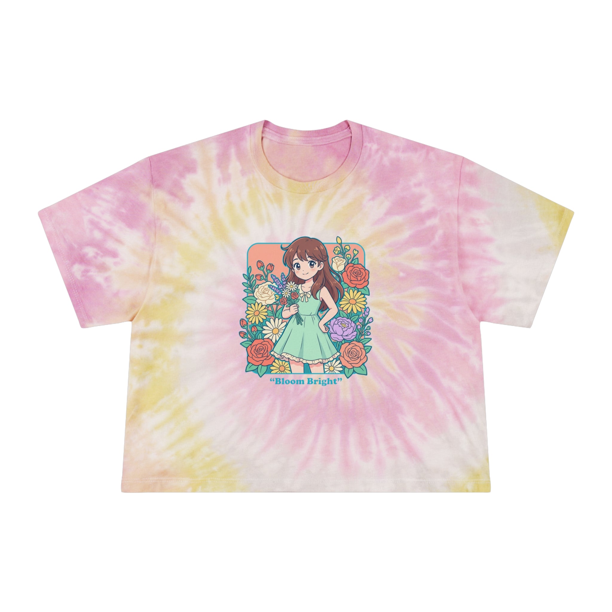 Tie-Dye Crop Tee — “Bloom Bright” Floral Anime Girl Graphic