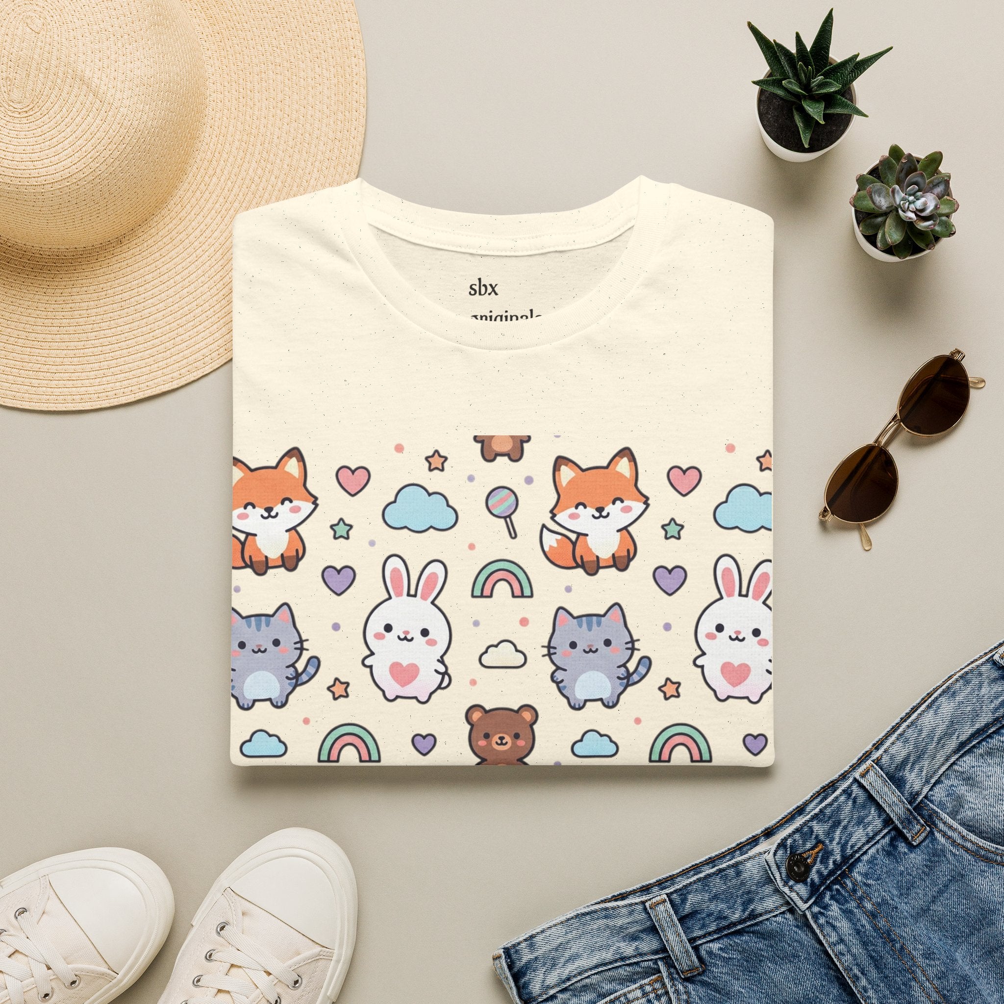 Cute Animal Pattern T-Shirt — Fox, Bunny & Kitten Graphic Tee