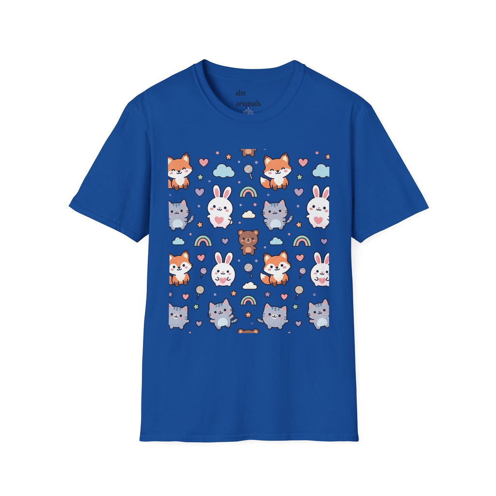 Cute Animal Pattern T-Shirt — Fox, Bunny & Kitten Graphic Tee