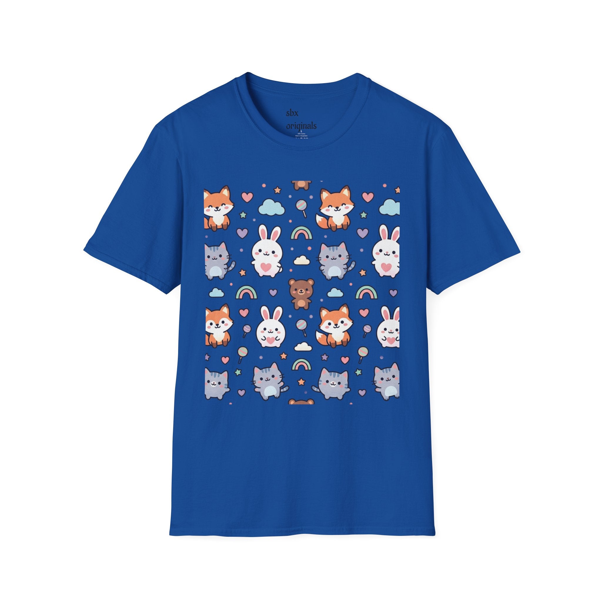 Cute Animal Pattern T-Shirt — Fox, Bunny & Kitten Graphic Tee