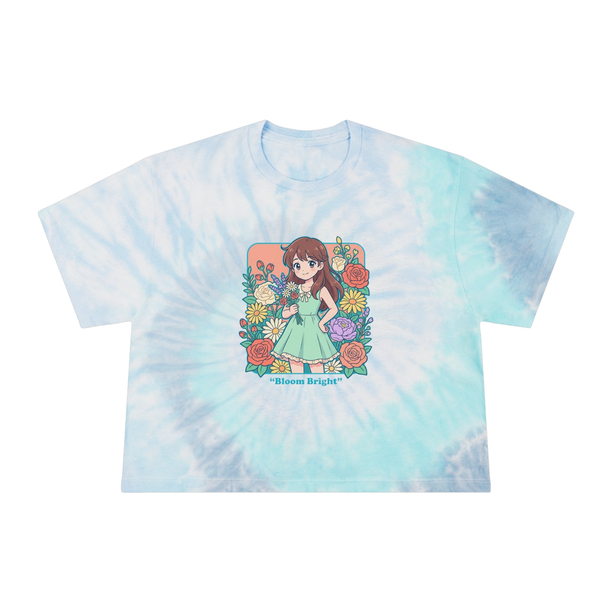 Tie-Dye Crop Tee — “Bloom Bright” Floral Anime Girl Graphic