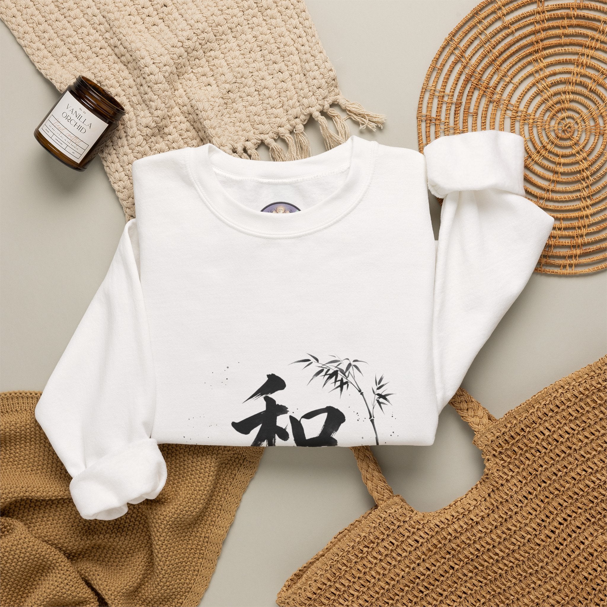 Crewneck Sweatshirt - Japanese Ink Bamboo & Zen Kanji 'Wa' Design