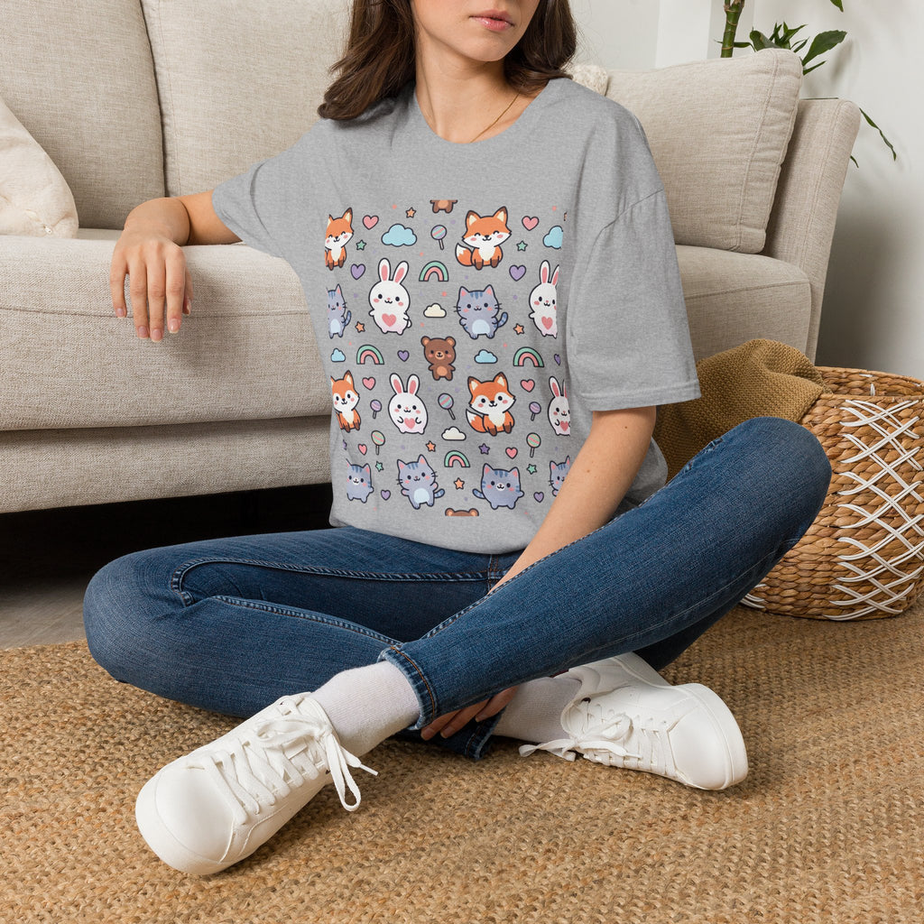 Cute Animal Pattern T-Shirt — Fox, Bunny & Kitten Graphic Tee