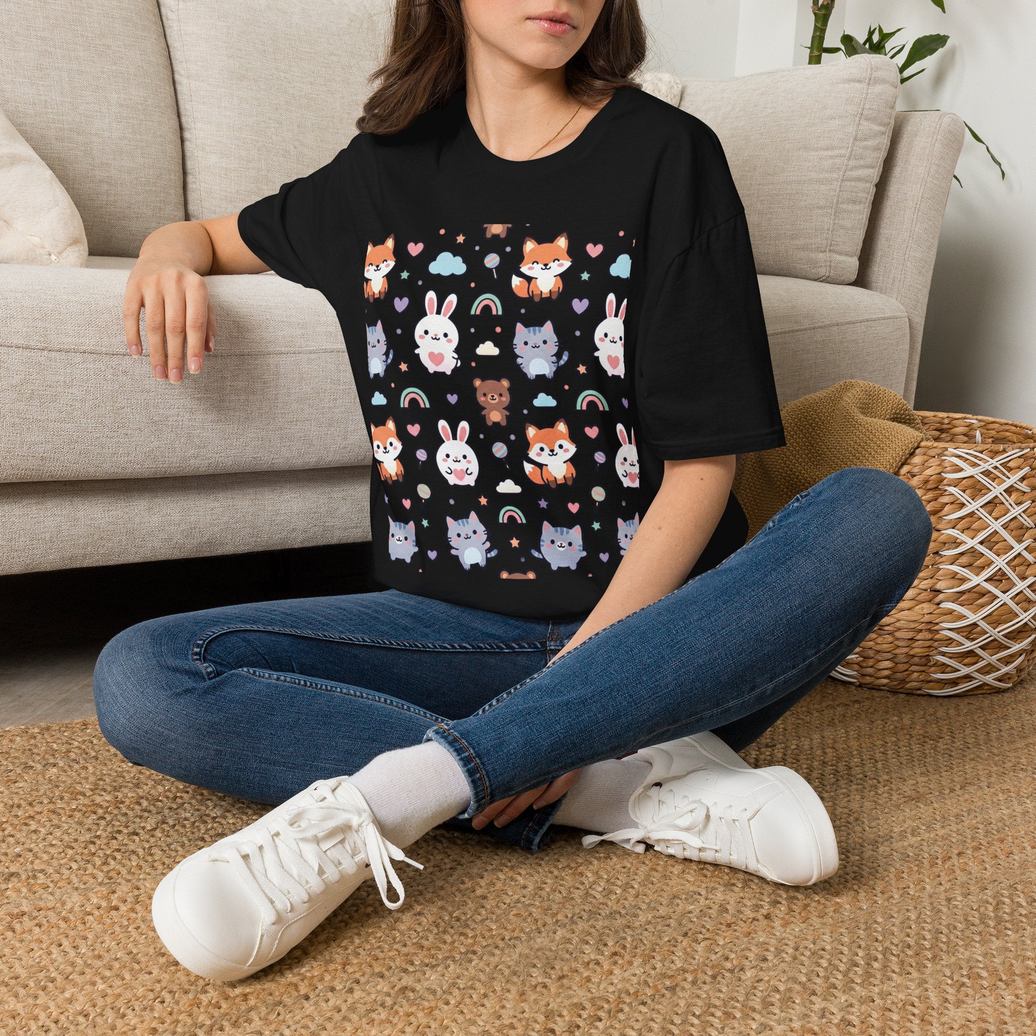 Cute Animal Pattern T-Shirt — Fox, Bunny & Kitten Graphic Tee
