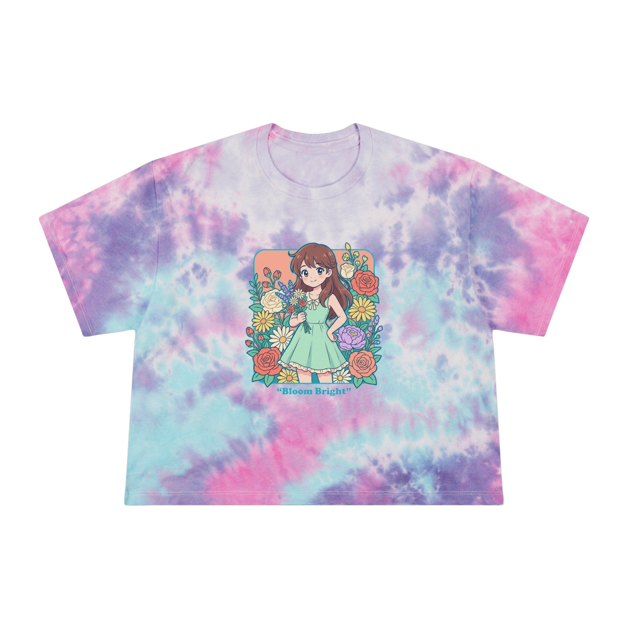 Tie-Dye Crop Tee — “Bloom Bright” Floral Anime Girl Graphic