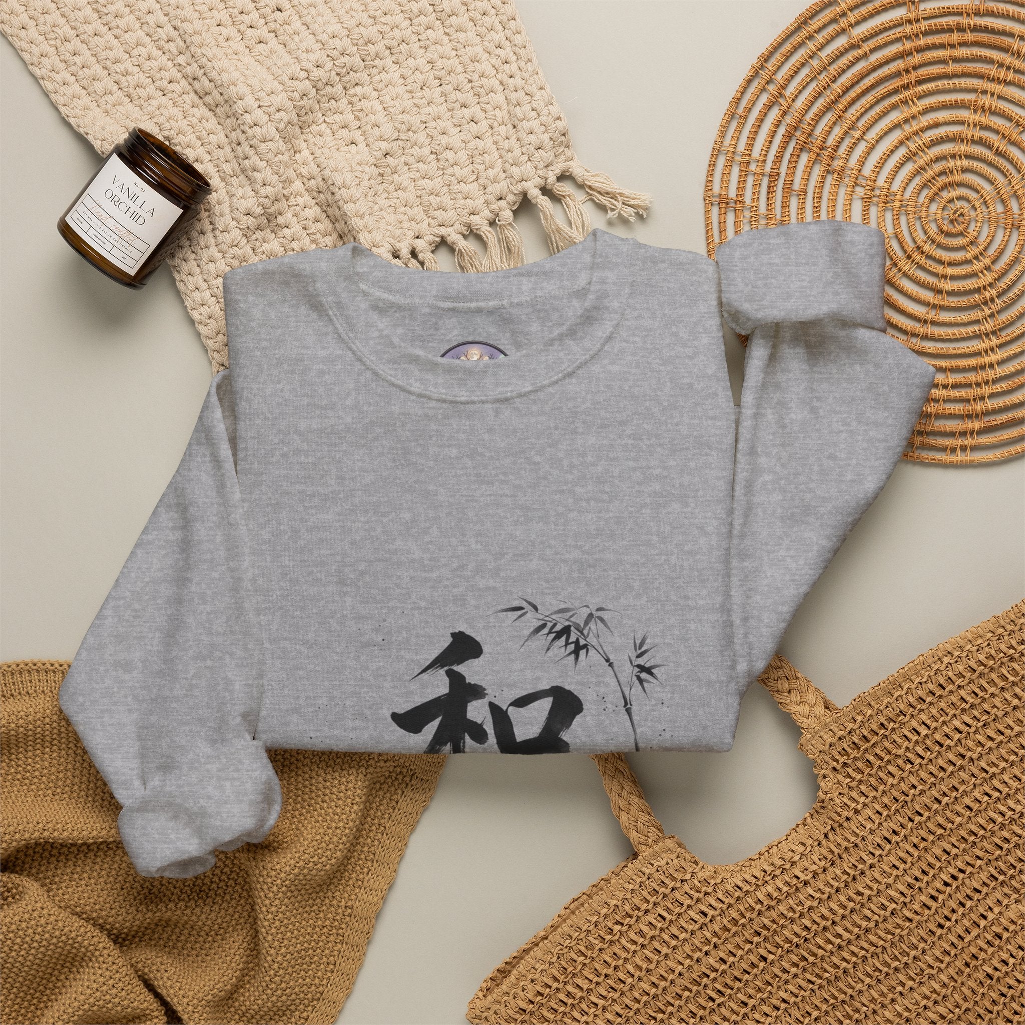 Crewneck Sweatshirt - Japanese Ink Bamboo & Zen Kanji 'Wa' Design