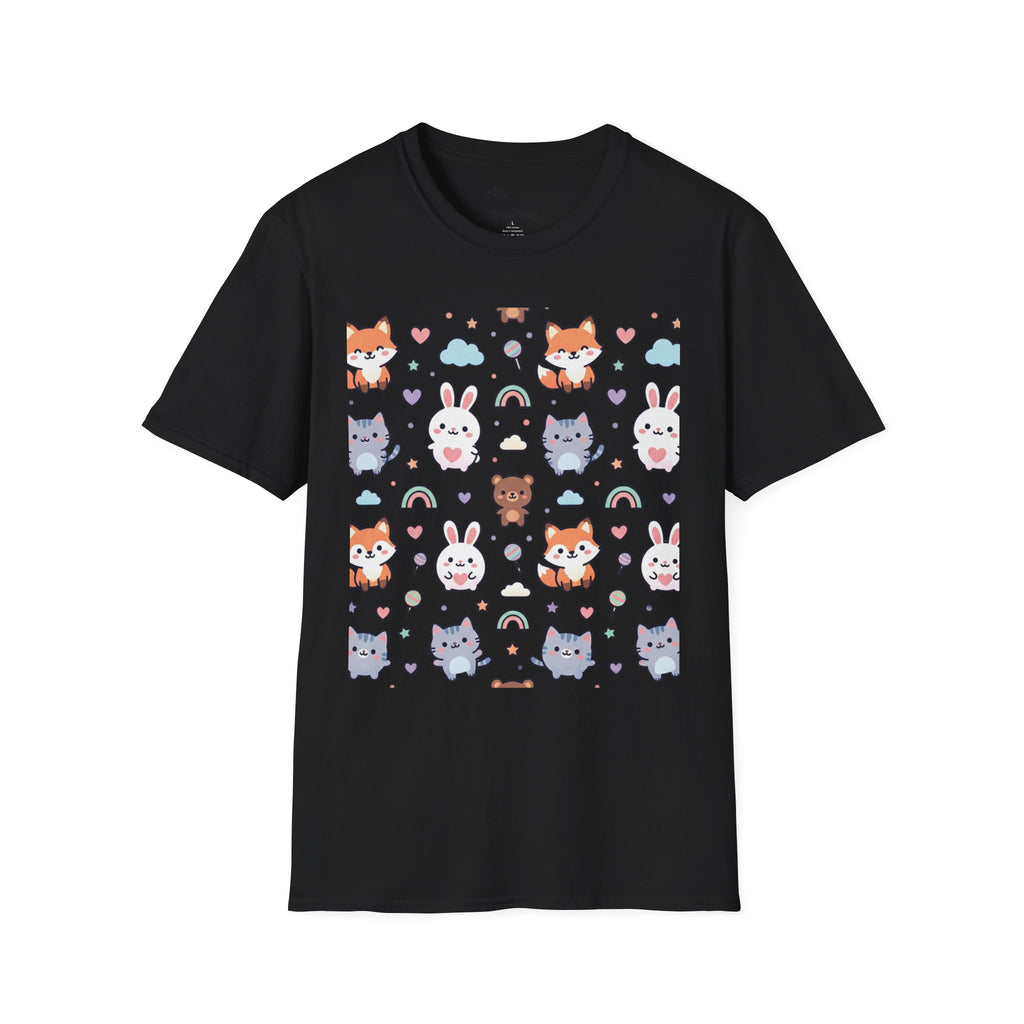 Cute Animal Pattern T-Shirt — Fox, Bunny & Kitten Graphic Tee