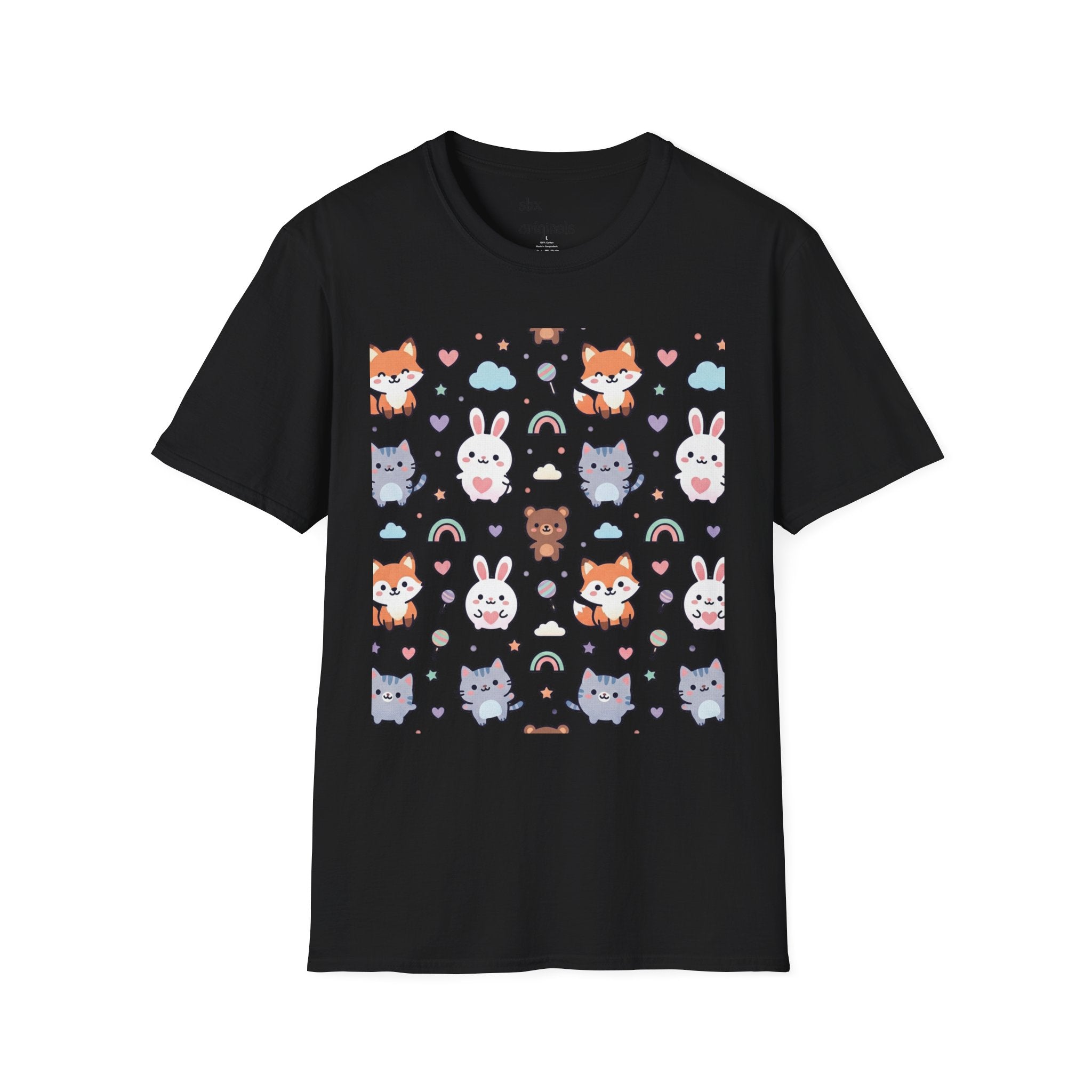 Cute Animal Pattern T-Shirt — Fox, Bunny & Kitten Graphic Tee