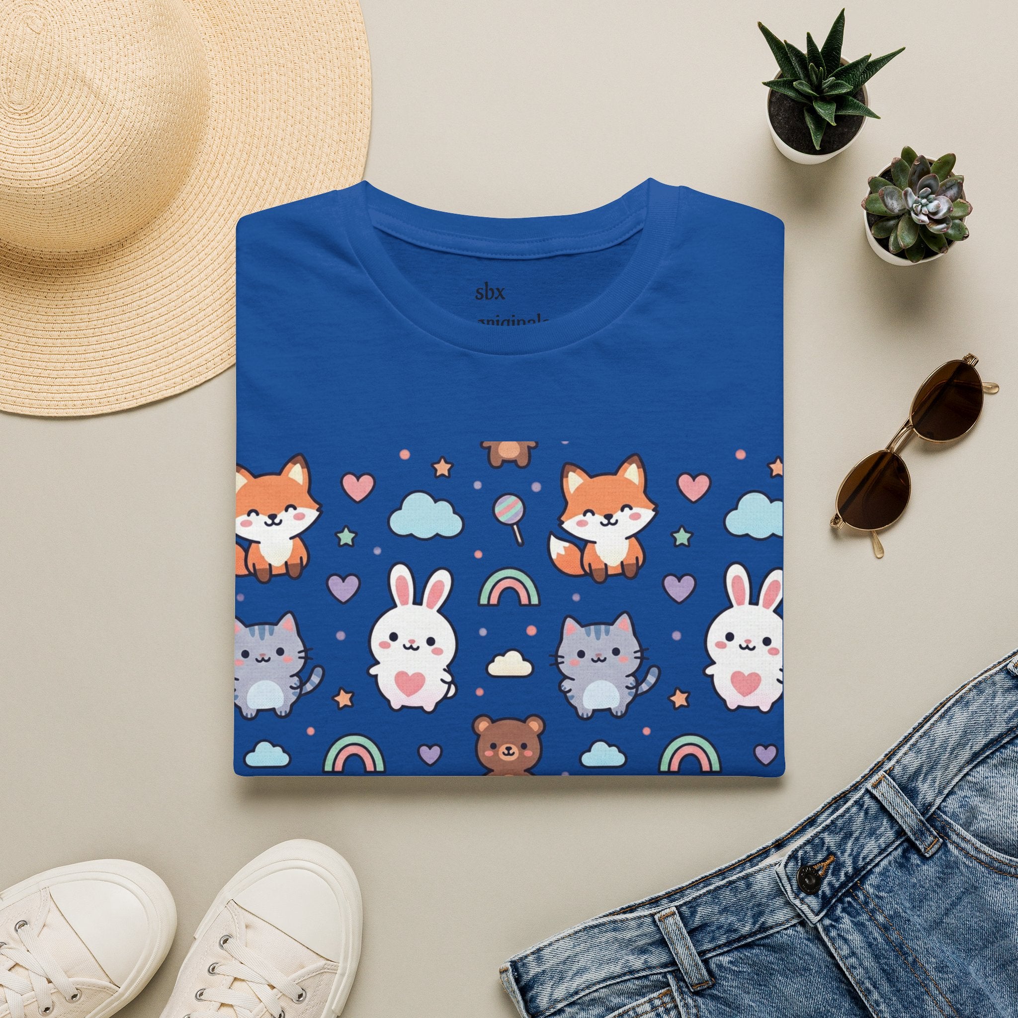 Cute Animal Pattern T-Shirt — Fox, Bunny & Kitten Graphic Tee
