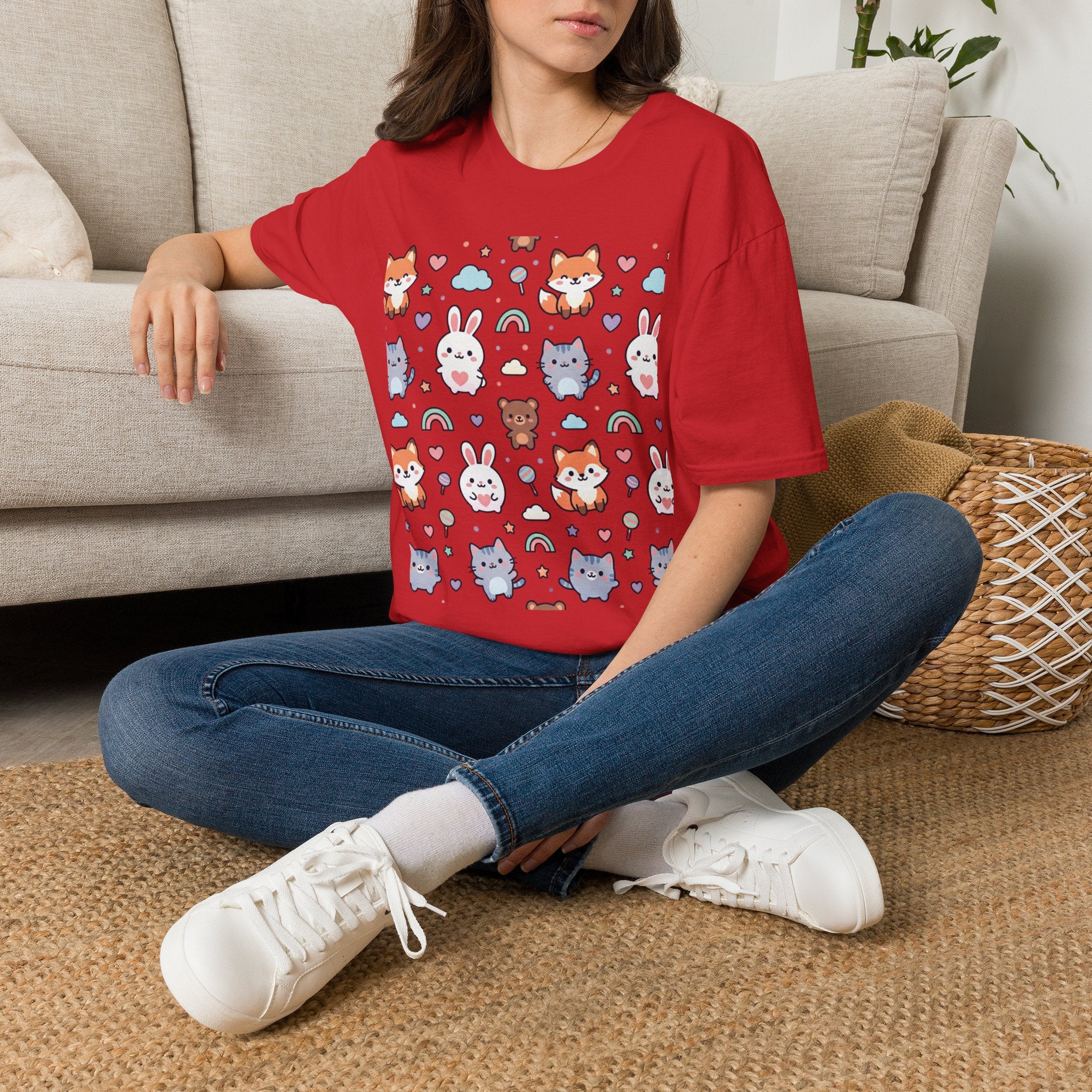Cute Animal Pattern T-Shirt — Fox, Bunny & Kitten Graphic Tee