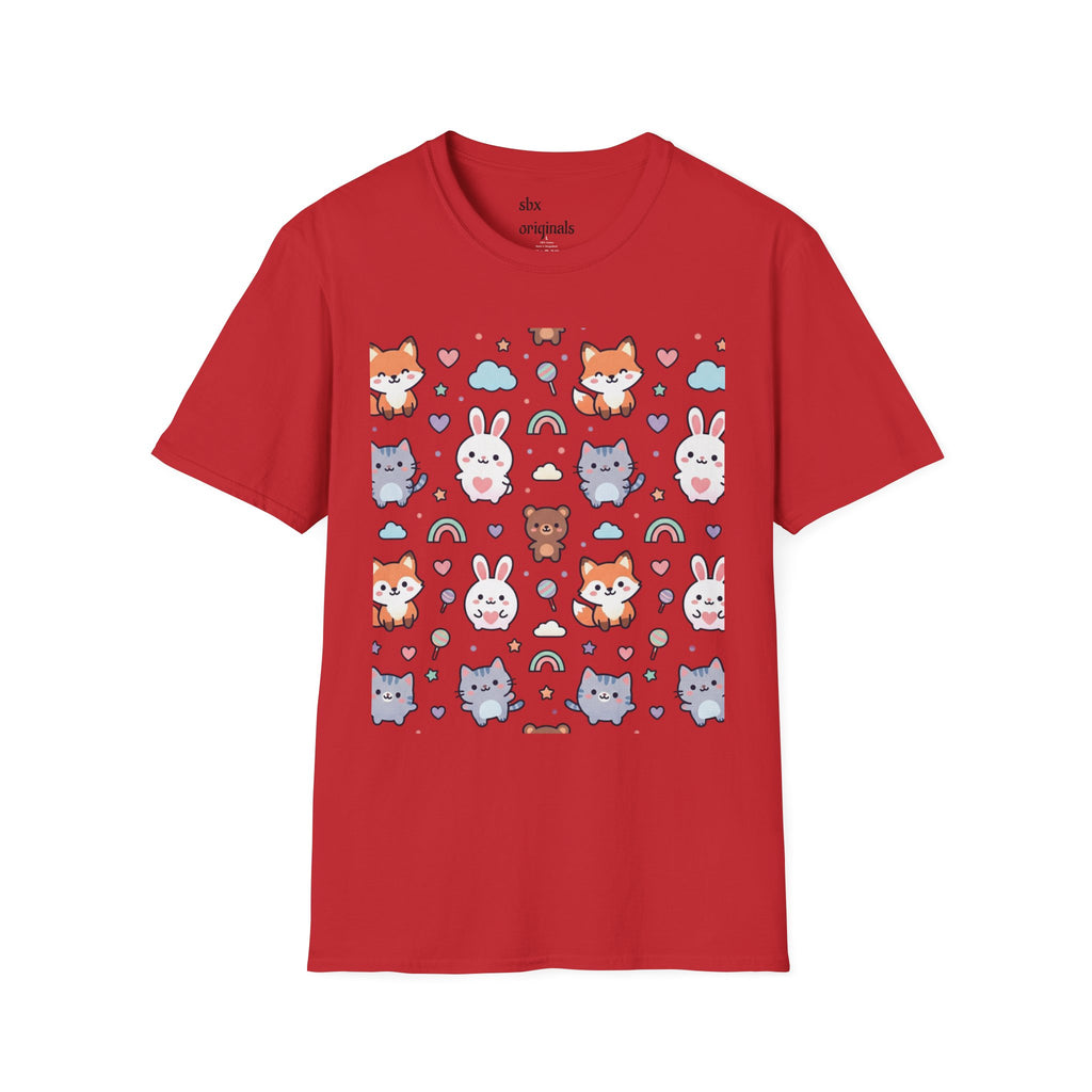 Cute Animal Pattern T-Shirt — Fox, Bunny & Kitten Graphic Tee
