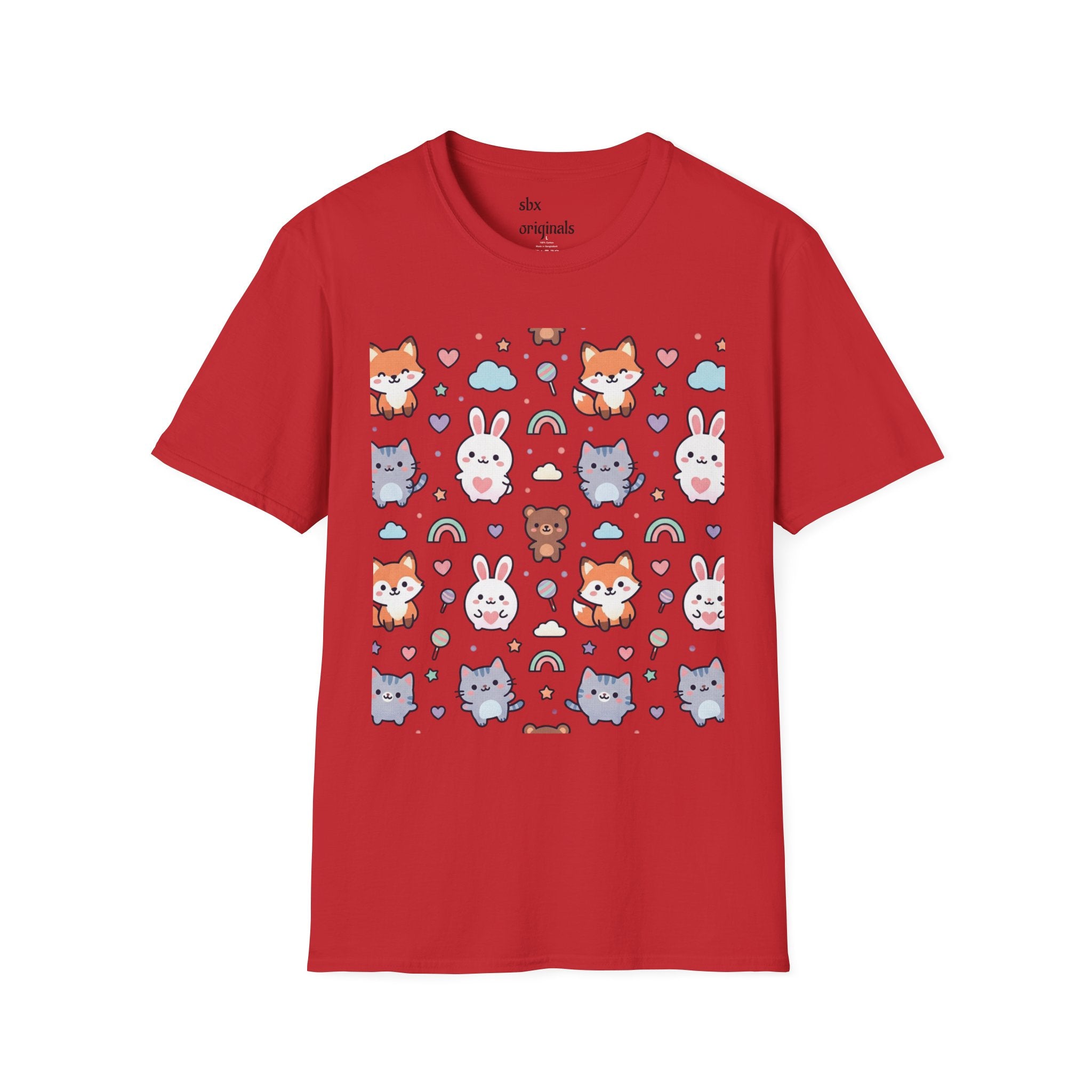 Cute Animal Pattern T-Shirt — Fox, Bunny & Kitten Graphic Tee
