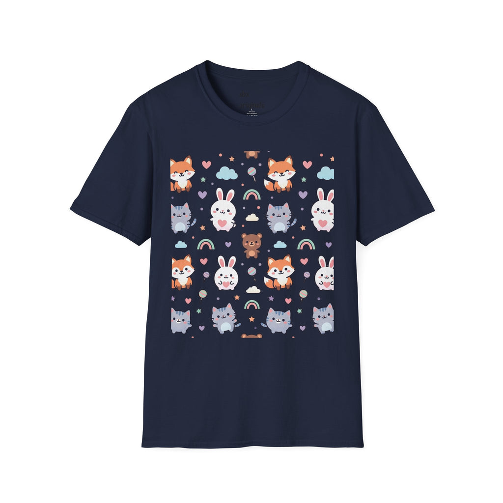 Cute Animal Pattern T-Shirt — Fox, Bunny & Kitten Graphic Tee