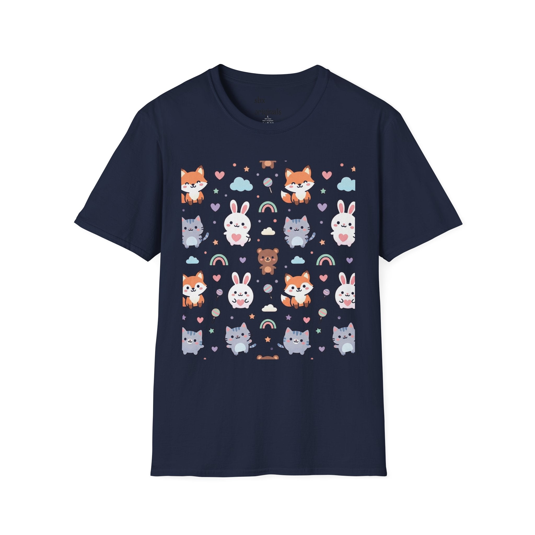 Cute Animal Pattern T-Shirt — Fox, Bunny & Kitten Graphic Tee