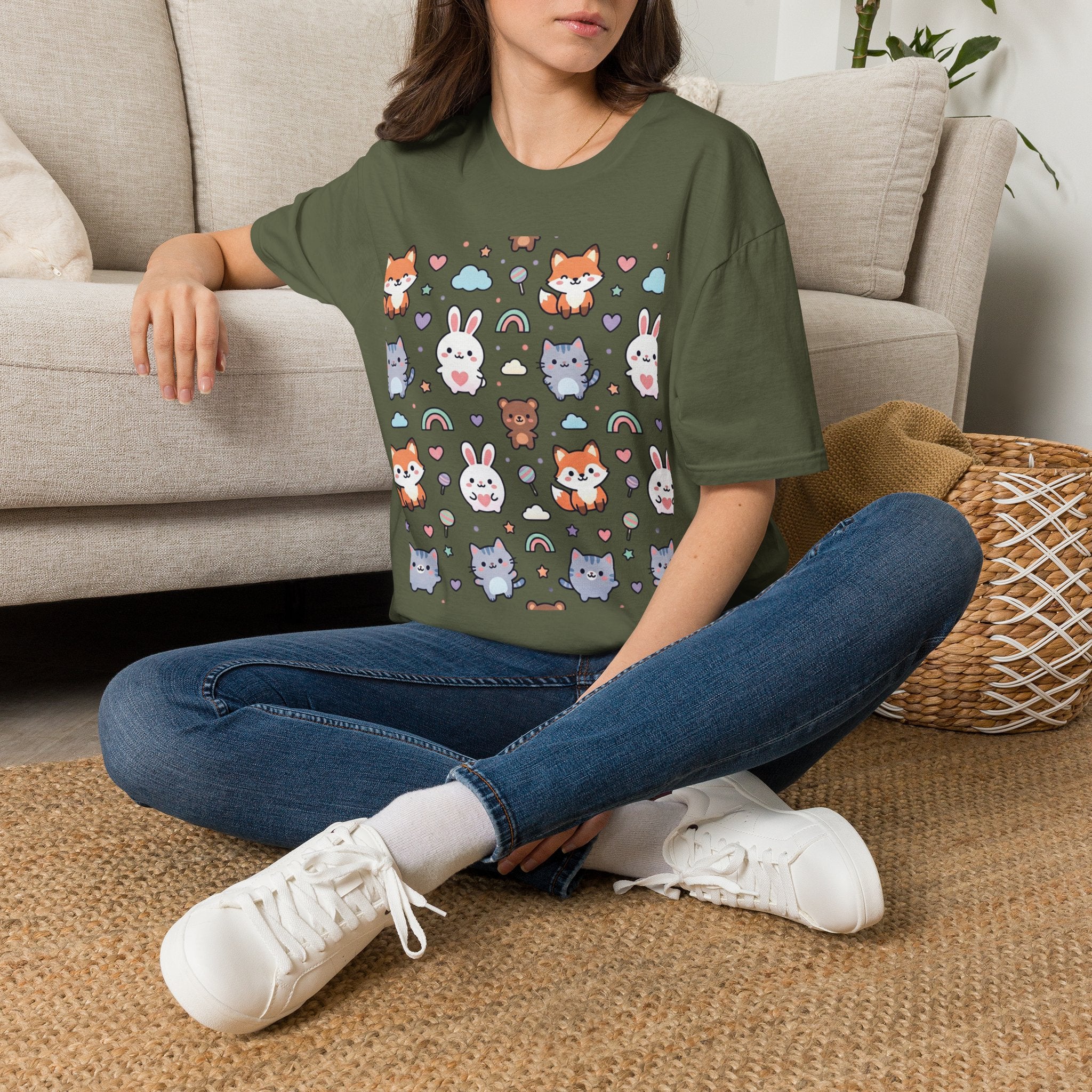 Cute Animal Pattern T-Shirt — Fox, Bunny & Kitten Graphic Tee